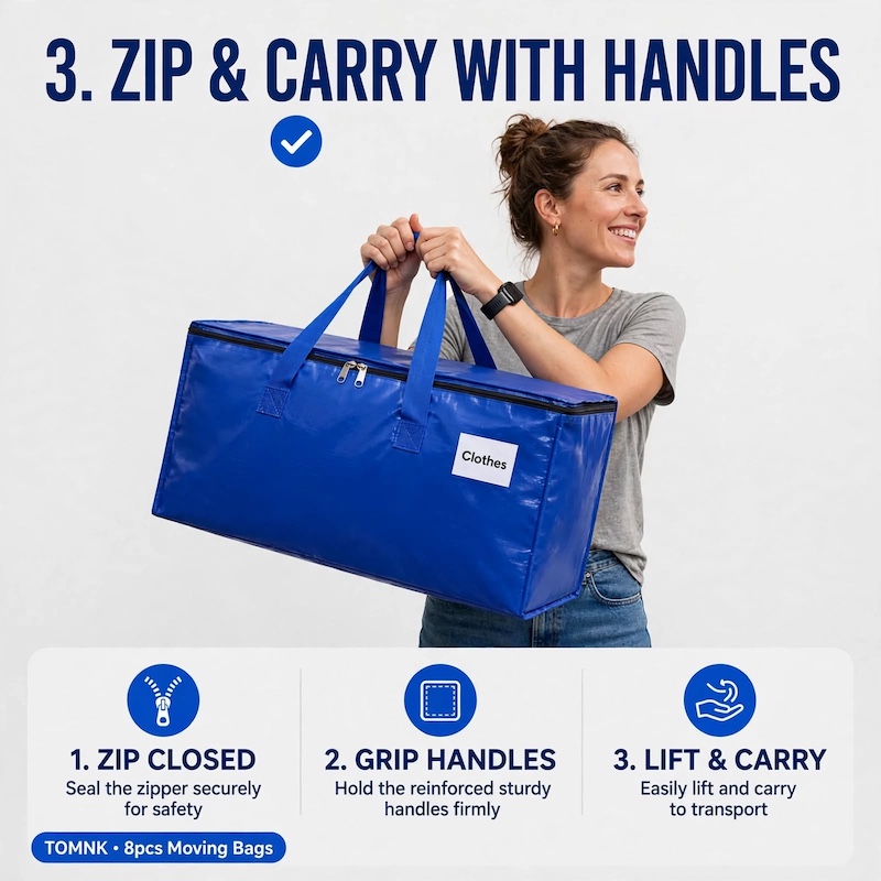 TOMNK 8pcs Moving Bags Heavy Duty, Storage Bags with Sturdy Handles And Zippers, Saving Moving Storage, Foldable, for Halloween And Christmas 4 A woman demonstrating how to zip and carry TOMNK Moving Bags Heavy Duty by their reinforced handles.