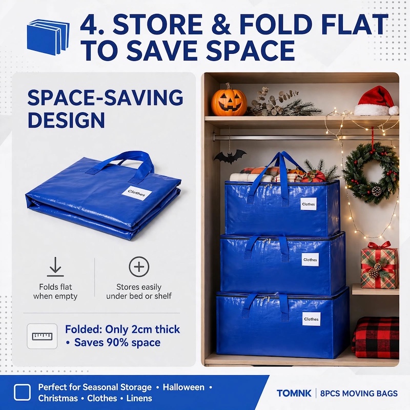 TOMNK 8pcs Moving Bags Heavy Duty, Storage Bags with Sturdy Handles And Zippers, Saving Moving Storage, Foldable, for Halloween And Christmas 5 TOMNK Moving Bags Heavy Duty folded flat next to a well-organized closet holding seasonal items.