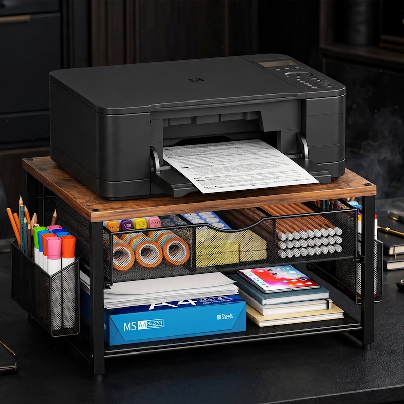 ultimate Metal Printer Stand for Desk with Storage Drawer And 2 Pen Holders, 2-Tier Desktop Organizer Printer Table for Home Office, Multi-Purpose Desk Organizer for Fax Machine Scanner Files(Black) 3 A rustic wood-top Metal Printer Stand for Desk with Storage holding a printer in a sunlit home office.