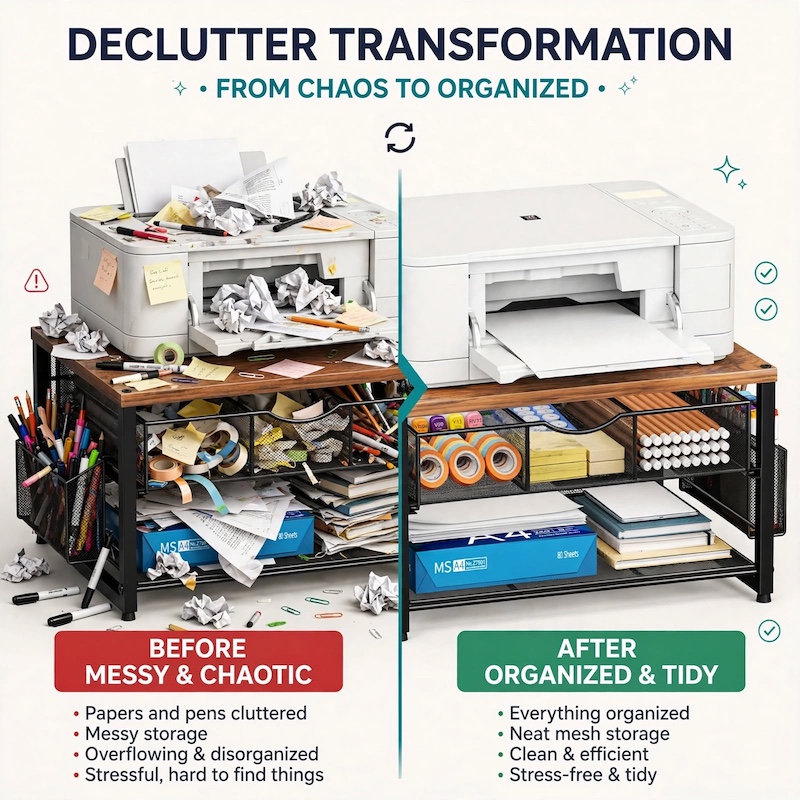 ultimate Metal Printer Stand for Desk with Storage Drawer And 2 Pen Holders, 2-Tier Desktop Organizer Printer Table for Home Office, Multi-Purpose Desk Organizer for Fax Machine Scanner Files(Black) 4 Split-screen infographic showing a messy desk transformed into an organized workspace using a Metal Printer Stand for Desk with Storage.