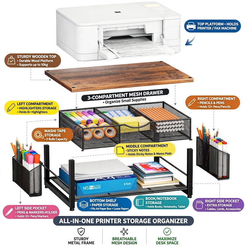 ultimate Metal Printer Stand for Desk with Storage Drawer And 2 Pen Holders, 2-Tier Desktop Organizer Printer Table for Home Office, Multi-Purpose Desk Organizer for Fax Machine Scanner Files(Black) 5 Exploded diagram detailing the components of the Metal Printer Stand for Desk with Storage, including wood top, mesh drawer, and side pen holders.