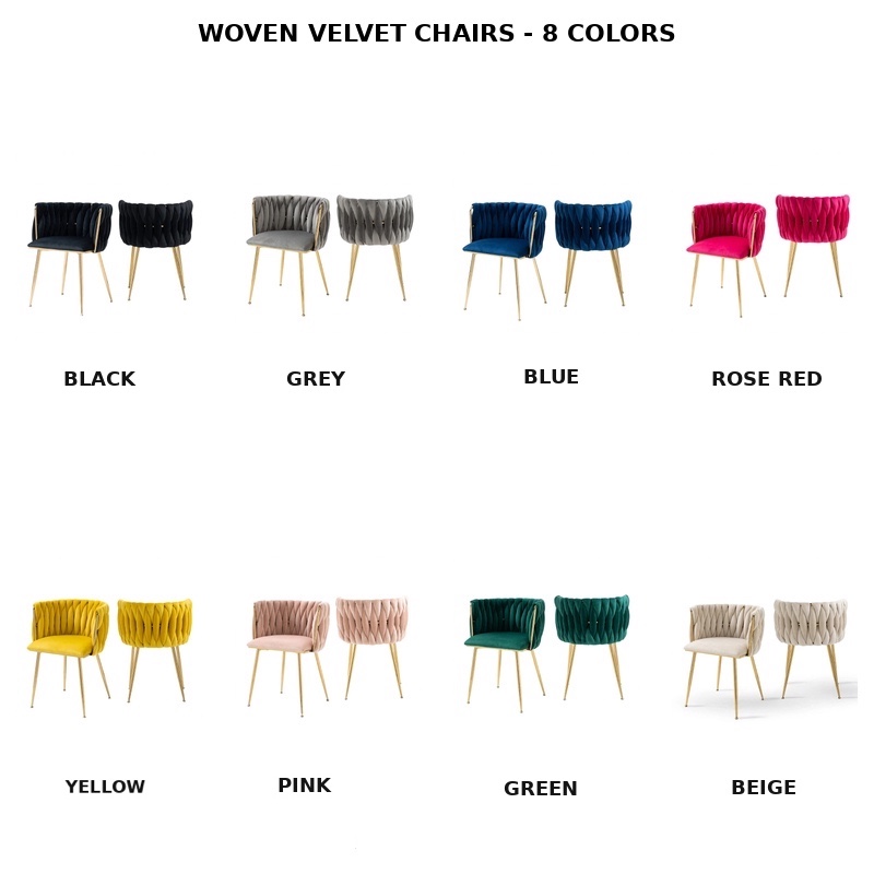 A comprehensive chart showing the Velvet Dining Chairs Set Of 2 available in 8 vibrant colors including black, grey, blue, rose red, yellow, pink, green, and beige.