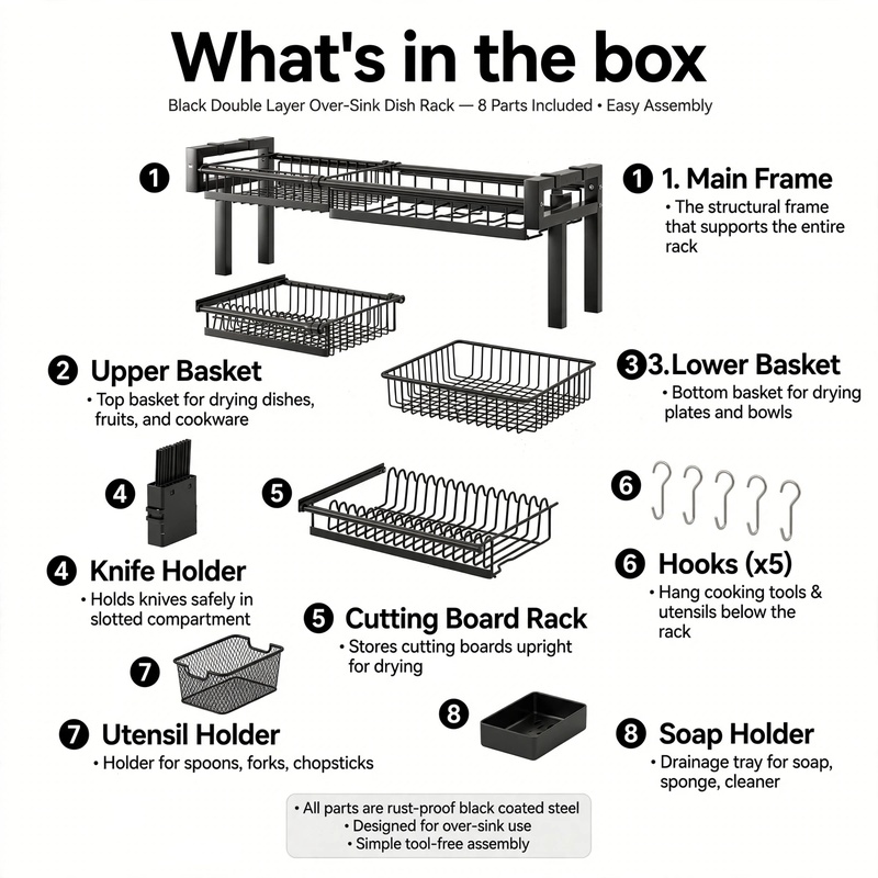 exclusive 1pc Expandable Dish Drying Rack for Countertop, Black Kitchen Organizer for Sink Storage 5 Layout showing all 8 included parts of the black double-layer over-sink Dish Drying Rack for Countertop.