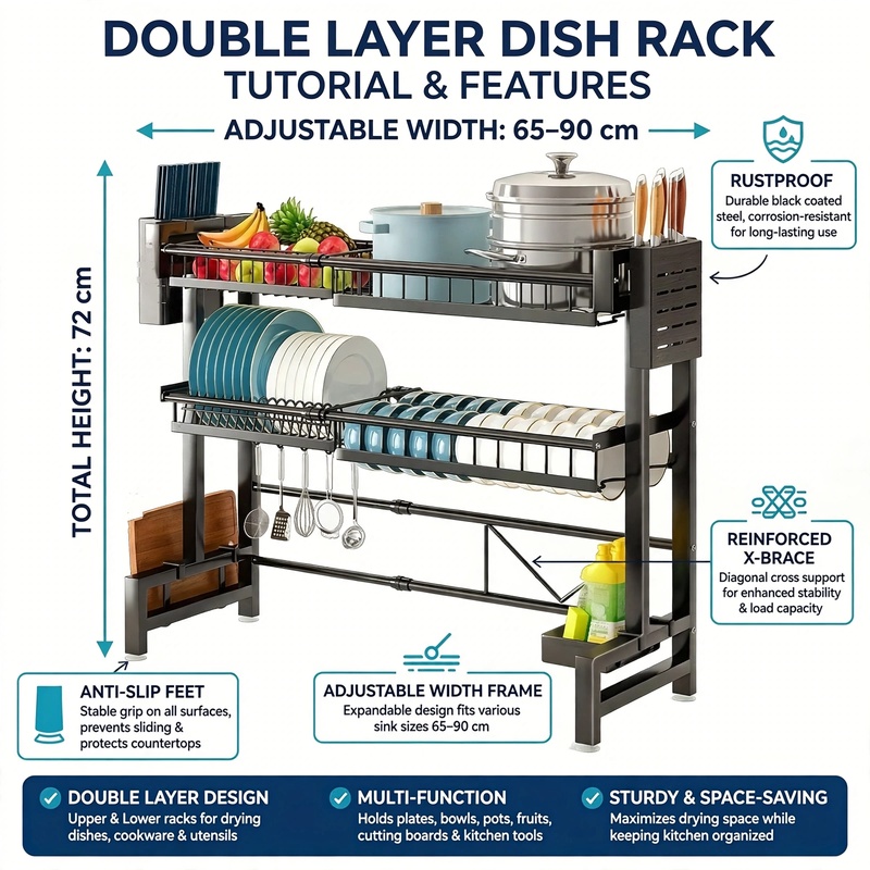 exclusive 1pc Expandable Dish Drying Rack for Countertop, Black Kitchen Organizer for Sink Storage 3 Overview graphic highlighting key features, anti-slip feet, and adjustable width of the black double layer Dish Drying Rack for Countertop.