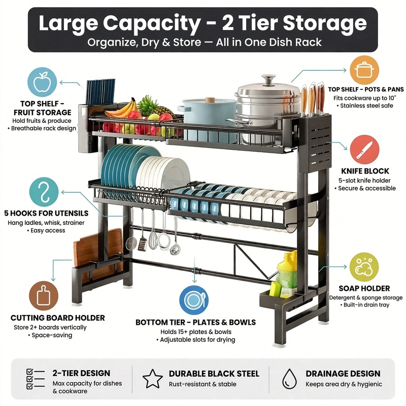 exclusive 1pc Expandable Dish Drying Rack for Countertop, Black Kitchen Organizer for Sink Storage 4 Detailed breakdown of the large capacity 2-tier storage system on a black Dish Drying Rack for Countertop, including plate slots, a knife block, and utensil holders.