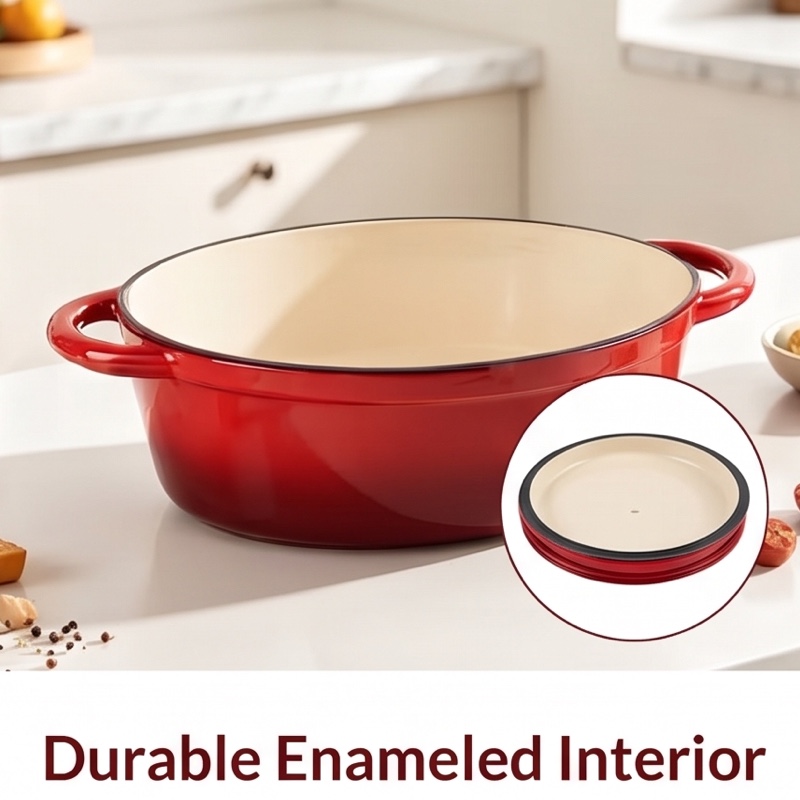 exclusive 4.5QT Enameled Dutch Oven Pot With Lid, Cast Iron Dutch Oven With Dual Handles For Bread Baking, Cooking, Non-stick Enamel Coated Cookware 2 A low-angle, appetizing photograph of a whole roasted chicken surrounded by root vegetables inside a bright red oval Enameled Dutch Oven Pot With Lid. The pot rests on a rustic stone surface in a warm kitchen setting. A silver serving spoon is partially in the pot. Text below reads: "Family Roasts".