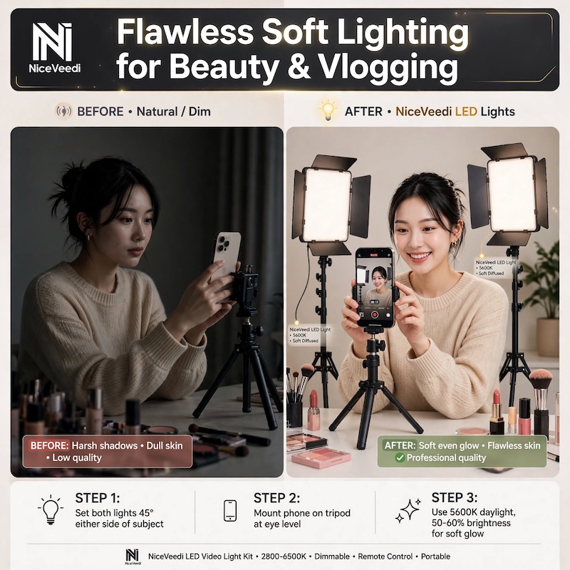 NiceVeedi 2-Pack LED Video Kit Studio Light Photography Lighting Kit with Tripod Stand & Phone Holder, 2800-6500K Dimmable -Powered Adjustable Color Temperature Lighting for Video Recording, Gaming Streaming, YouTube/Vlogging, Compatible with DSLR/Camcorders/Smartphones, Content Creation, Youtube Filming, Portable Setup, Compact Design, Reliable Performance, Durable Construction, Dimmable Lights, Smartphone Lighting, Photography Equipment, Photography Kit, Content Creator Equipment 3 Comparison image showing a before-and-after of a vlogger in a makeup setting with harsh shadows versus a soft, even glow using the LED Video Kit Studio Light Photography.