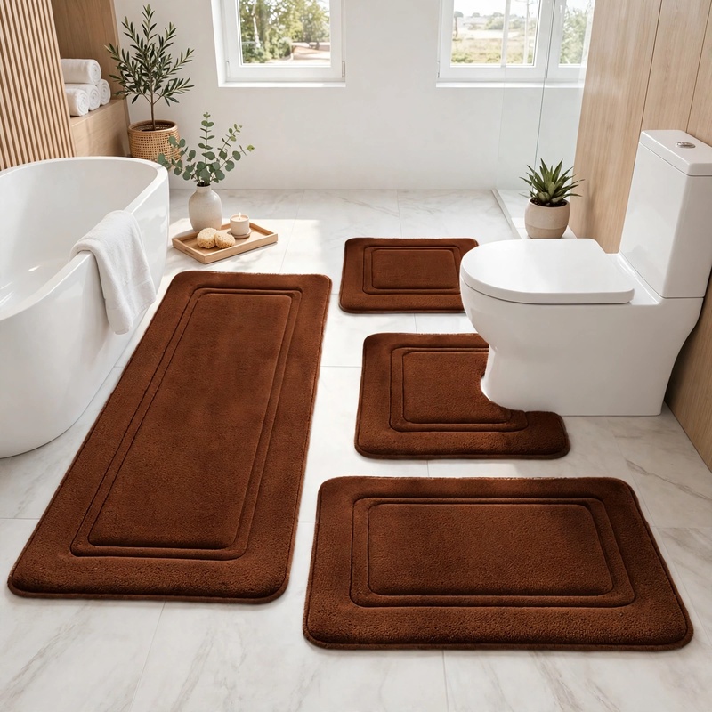 4Ps Advanced Bathroom Mat - Quick-Drying Memory Foam, Machine Washable, Thick Non-Slip Carpet, Suitable for Shower Rooms, Kitchens, And Laundry Rooms - Soft And Comfortable Home Decor 5 A clean front-view photo of the 4-piece coffee brown bathroom mat set beautifully laid out on a tile floor in a modern bathroom.