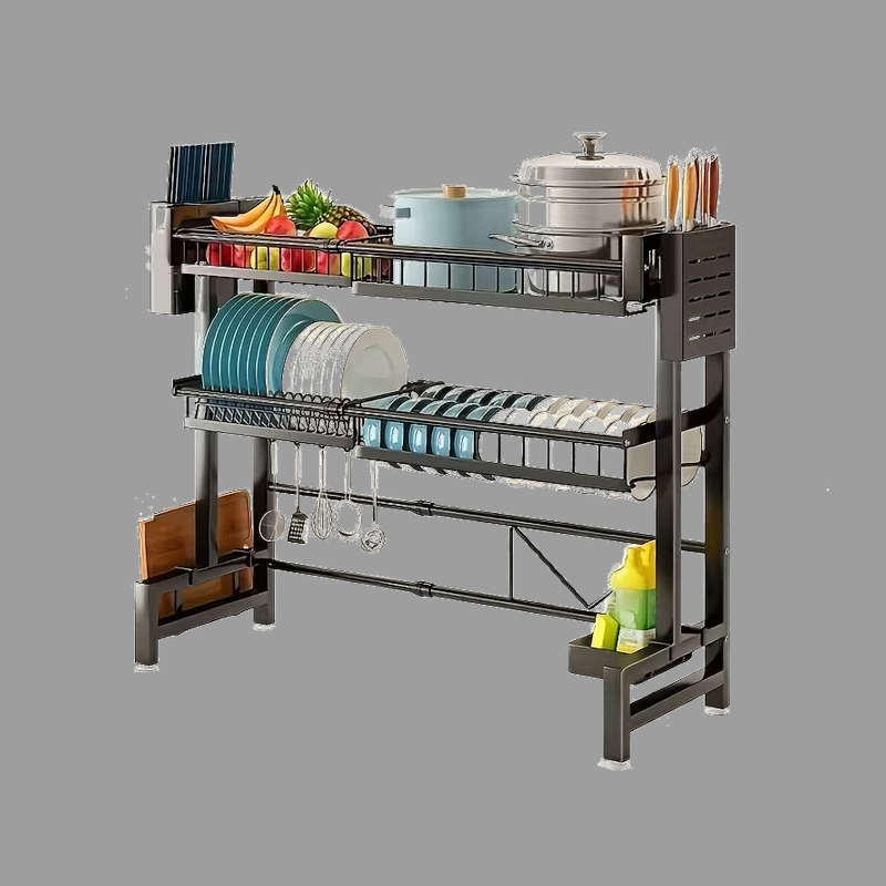 exclusive 1pc Expandable Dish Drying Rack for Countertop, Black Kitchen Organizer for Sink Storage 8 Front view of a fully organized black double layer Dish Drying Rack for Countertop stocked with plates, pots, fruit, and utensils.