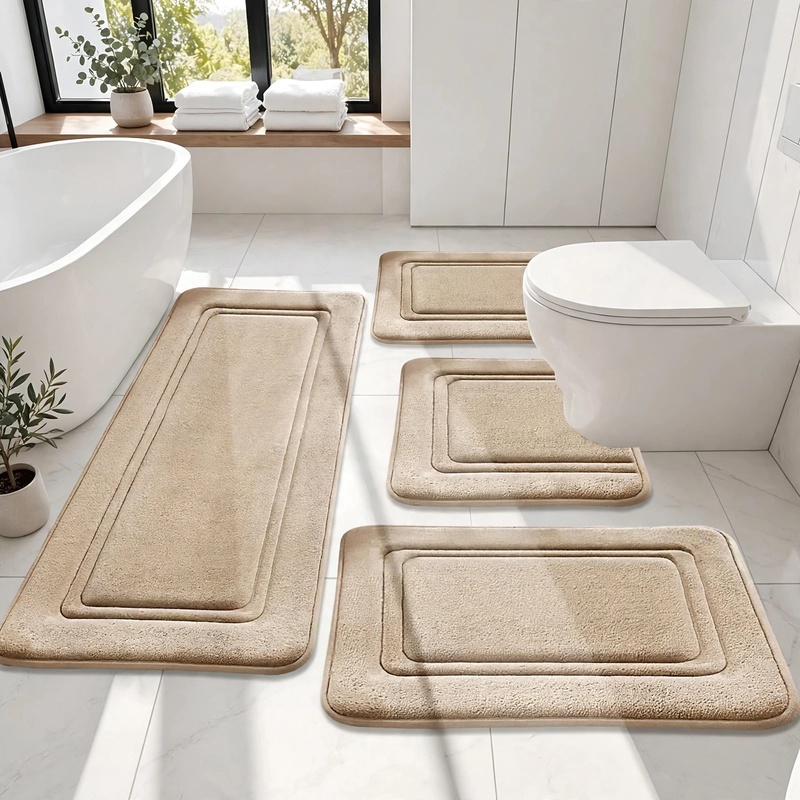 4Ps Advanced Bathroom Mat - Quick-Drying Memory Foam, Machine Washable, Thick Non-Slip Carpet, Suitable for Shower Rooms, Kitchens, And Laundry Rooms - Soft And Comfortable Home Decor 7 A clean front-view photo of the 4-piece khaki bathroom mat set laid out harmoniously on a light-colored tile floor.