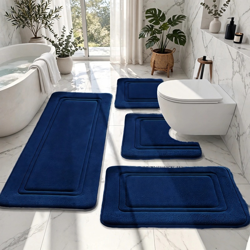 4Ps Advanced Bathroom Mat - Quick-Drying Memory Foam, Machine Washable, Thick Non-Slip Carpet, Suitable for Shower Rooms, Kitchens, And Laundry Rooms - Soft And Comfortable Home Decor 8 A clean front-view photo of the 4-piece navy blue bathroom mat set arranged symmetrically on a white tile floor next to a white bathtub and floating toilet.