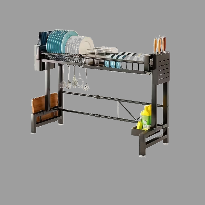 exclusive 1pc Expandable Dish Drying Rack for Countertop, Black Kitchen Organizer for Sink Storage 9 Front view of a compact single layer black Dish Drying Rack for Countertop stocked with plates, cups, and utensils.