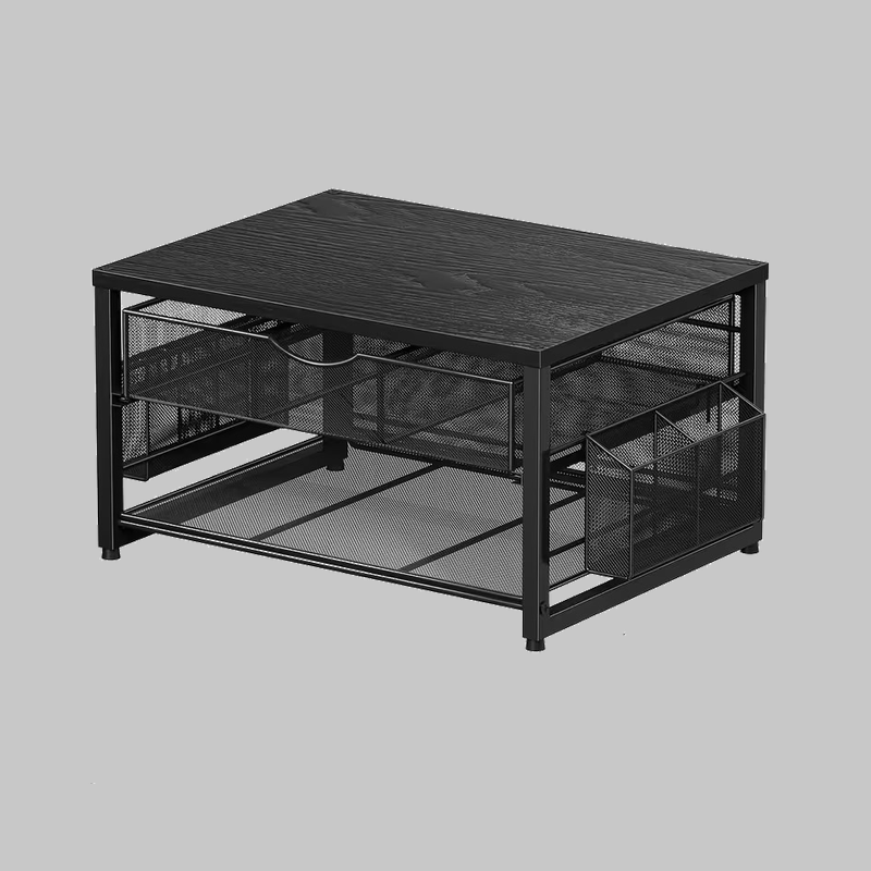 ultimate Metal Printer Stand for Desk with Storage Drawer And 2 Pen Holders, 2-Tier Desktop Organizer Printer Table for Home Office, Multi-Purpose Desk Organizer for Fax Machine Scanner Files(Black) 6 Front studio angle of the black Metal Printer Stand for Desk with Storage on a neutral background.