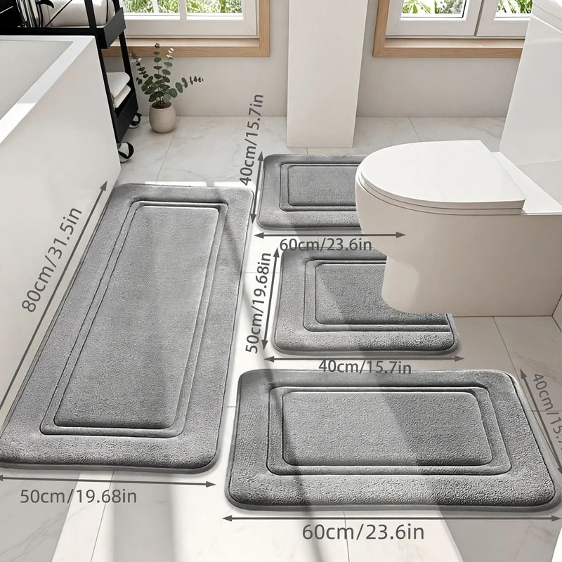 4Ps Advanced Bathroom Mat - Quick-Drying Memory Foam, Machine Washable, Thick Non-Slip Carpet, Suitable for Shower Rooms, Kitchens, And Laundry Rooms - Soft And Comfortable Home Decor 9 A top-view image of the grey 4-piece bathroom mat set placed on a white tiled floor with measurement arrows and labels indicating the size of each mat.