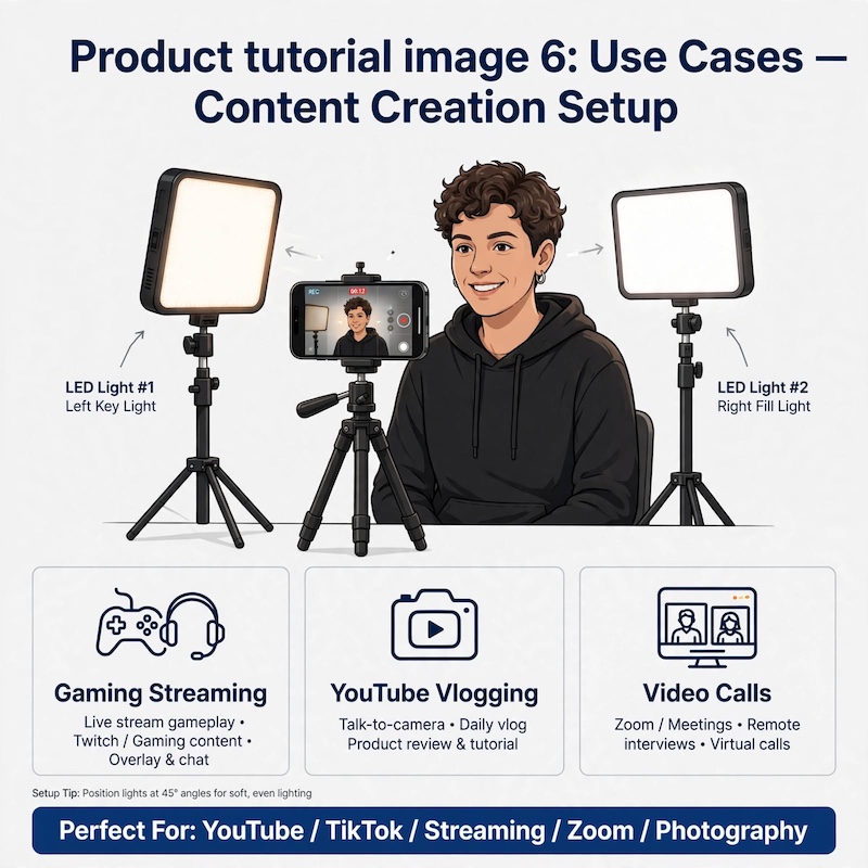 NiceVeedi 2-Pack LED Video Kit Studio Light Photography Lighting Kit with Tripod Stand & Phone Holder, 2800-6500K Dimmable -Powered Adjustable Color Temperature Lighting for Video Recording, Gaming Streaming, YouTube/Vlogging, Compatible with DSLR/Camcorders/Smartphones, Content Creation, Youtube Filming, Portable Setup, Compact Design, Reliable Performance, Durable Construction, Dimmable Lights, Smartphone Lighting, Photography Equipment, Photography Kit, Content Creator Equipment 4 Illustrated setup guide showing an animator/streamer using two key and fill lights with a phone tripod for gaming streaming, YouTube vlogging, and video calls with the LED Video Kit Studio Light Photography.