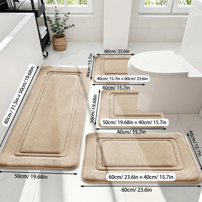 4Ps Advanced Bathroom Mat - Quick-Drying Memory Foam, Machine Washable, Thick Non-Slip Carpet, Suitable for Shower Rooms, Kitchens, And Laundry Rooms - Soft And Comfortable Home Decor 10 A top-down layout of the khaki-colored 4-piece bathroom mat set in a bathroom, featuring precise dimension overlays and size callouts for each piece.