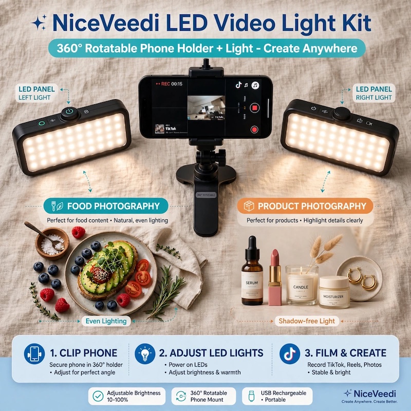NiceVeedi 2-Pack LED Video Kit Studio Light Photography Lighting Kit with Tripod Stand & Phone Holder, 2800-6500K Dimmable -Powered Adjustable Color Temperature Lighting for Video Recording, Gaming Streaming, YouTube/Vlogging, Compatible with DSLR/Camcorders/Smartphones, Content Creation, Youtube Filming, Portable Setup, Compact Design, Reliable Performance, Durable Construction, Dimmable Lights, Smartphone Lighting, Photography Equipment, Photography Kit, Content Creator Equipment 5 Promotional image showing food photography and product photography setups utilizing the 360-degree rotatable phone holder and LED panels of the LED Video Kit Studio Light Photography.
