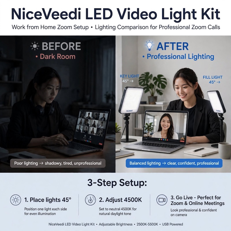 NiceVeedi 2-Pack LED Video Kit Studio Light Photography Lighting Kit with Tripod Stand & Phone Holder, 2800-6500K Dimmable -Powered Adjustable Color Temperature Lighting for Video Recording, Gaming Streaming, YouTube/Vlogging, Compatible with DSLR/Camcorders/Smartphones, Content Creation, Youtube Filming, Portable Setup, Compact Design, Reliable Performance, Durable Construction, Dimmable Lights, Smartphone Lighting, Photography Equipment, Photography Kit, Content Creator Equipment 8 Before-and-after comparison showing a dark room zoom call versus professional lighting using the LED Video Kit Studio Light Photography, complete with a 3-step setup guide.