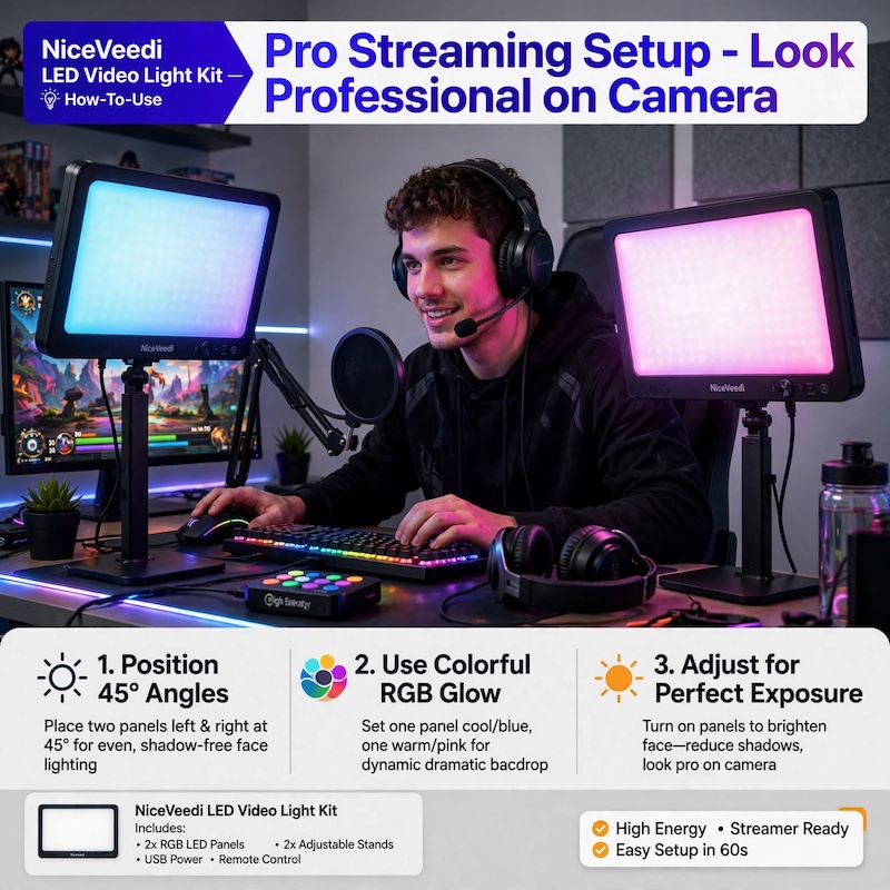 NiceVeedi 2-Pack LED Video Kit Studio Light Photography Lighting Kit with Tripod Stand & Phone Holder, 2800-6500K Dimmable -Powered Adjustable Color Temperature Lighting for Video Recording, Gaming Streaming, YouTube/Vlogging, Compatible with DSLR/Camcorders/Smartphones, Content Creation, Youtube Filming, Portable Setup, Compact Design, Reliable Performance, Durable Construction, Dimmable Lights, Smartphone Lighting, Photography Equipment, Photography Kit, Content Creator Equipment 9 A gamer at a desk using dual LED panels with colorful backdrops for a pro streaming setup with the LED Video Kit Studio Light Photography.