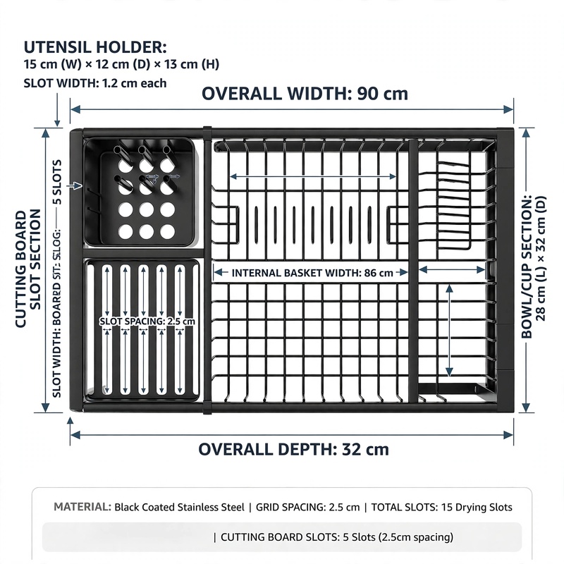 exclusive 1pc Expandable Dish Drying Rack for Countertop, Black Kitchen Organizer for Sink Storage 10 Top-down technical layout highlighting basket widths, cutting board slots, and utensil holder dimensions for the Dish Drying Rack for Countertop.