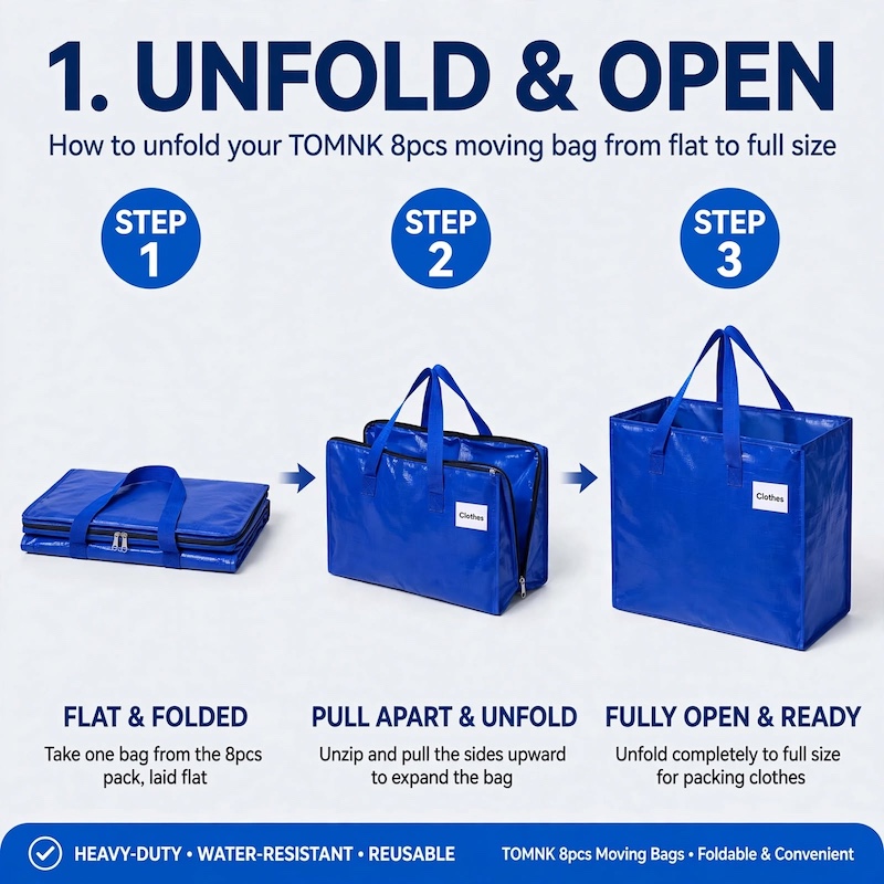 TOMNK 8pcs Moving Bags Heavy Duty, Storage Bags with Sturdy Handles And Zippers, Saving Moving Storage, Foldable, for Halloween And Christmas 7 Instructional graphic showing how to unfold and open TOMNK Moving Bags Heavy Duty from a flat-folded state to full size