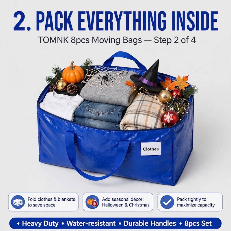 TOMNK 8pcs Moving Bags Heavy Duty, Storage Bags with Sturdy Handles And Zippers, Saving Moving Storage, Foldable, for Halloween And Christmas 8 An open blue TOMNK Moving Bags Heavy Duty packed with folded clothes, blankets, and Halloween and Christmas seasonal decor.