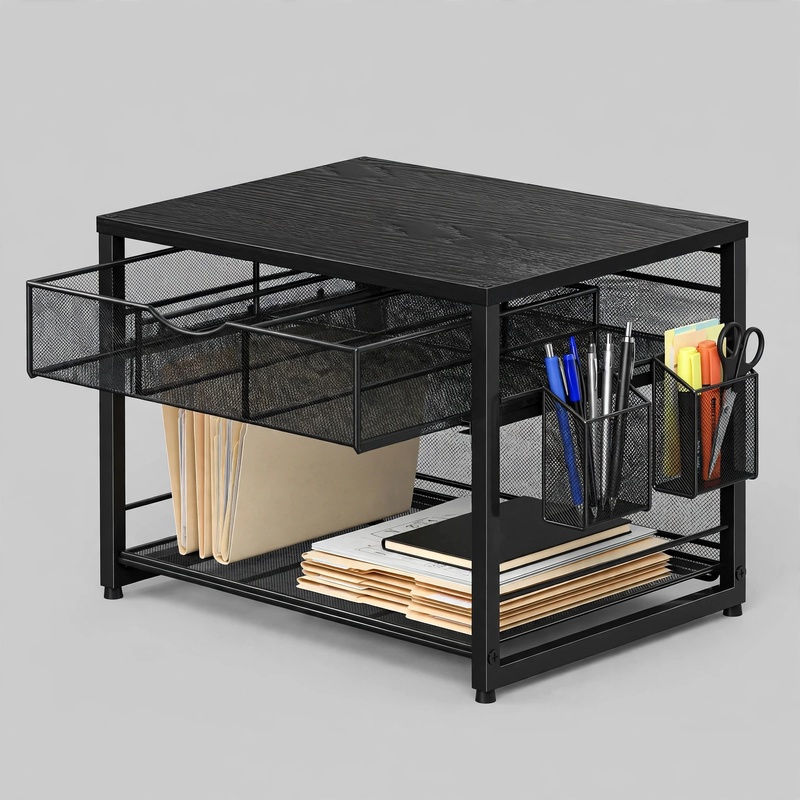 ultimate Metal Printer Stand for Desk with Storage Drawer And 2 Pen Holders, 2-Tier Desktop Organizer Printer Table for Home Office, Multi-Purpose Desk Organizer for Fax Machine Scanner Files(Black) 2 Black Metal Printer Stand for Desk with Storage holding file folders and office supplies on a clean desktop.
