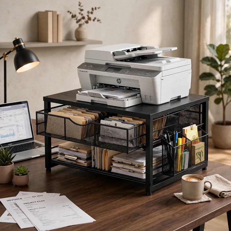 ultimate Metal Printer Stand for Desk with Storage Drawer And 2 Pen Holders, 2-Tier Desktop Organizer Printer Table for Home Office, Multi-Purpose Desk Organizer for Fax Machine Scanner Files(Black) 8 Complete work desk setup featuring a black Metal Printer Stand for Desk with Storage loaded with hanging files and office gear.