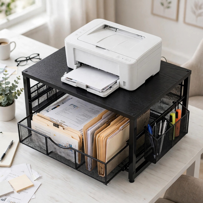 ultimate Metal Printer Stand for Desk with Storage Drawer And 2 Pen Holders, 2-Tier Desktop Organizer Printer Table for Home Office, Multi-Purpose Desk Organizer for Fax Machine Scanner Files(Black) 10 Close-up overhead shot of the Metal Printer Stand for Desk with Storage with an open drawer filled with hanging file folders.