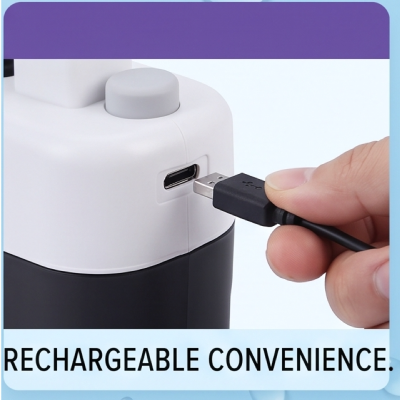 Compact And Rechargeable Shower Pump with Hose, Ideal for Outdoor Activities Like Camping, Beach Trips, Car Washing, And Pet Grooming. Features an Ergonomic Handle And a Modern Design, Built to Last 10 A close-up view shows a hand plugging a standard USB cable into the charging port of a white and black portable shower pump unit. The text "RECHARGEABLE CONVENIENCE." is displayed at the bottom.