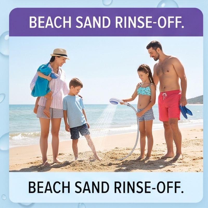 Compact And Rechargeable Shower Pump with Hose, Ideal for Outdoor Activities Like Camping, Beach Trips, Car Washing, And Pet Grooming. Features an Ergonomic Handle And a Modern Design, Built to Last 2 A family on a sandy beach using a portable shower. A man holds a shower head spraying water on a girl's legs to rinse off sand. The text "BEACH SAND RINSE-OFF." is visible.
