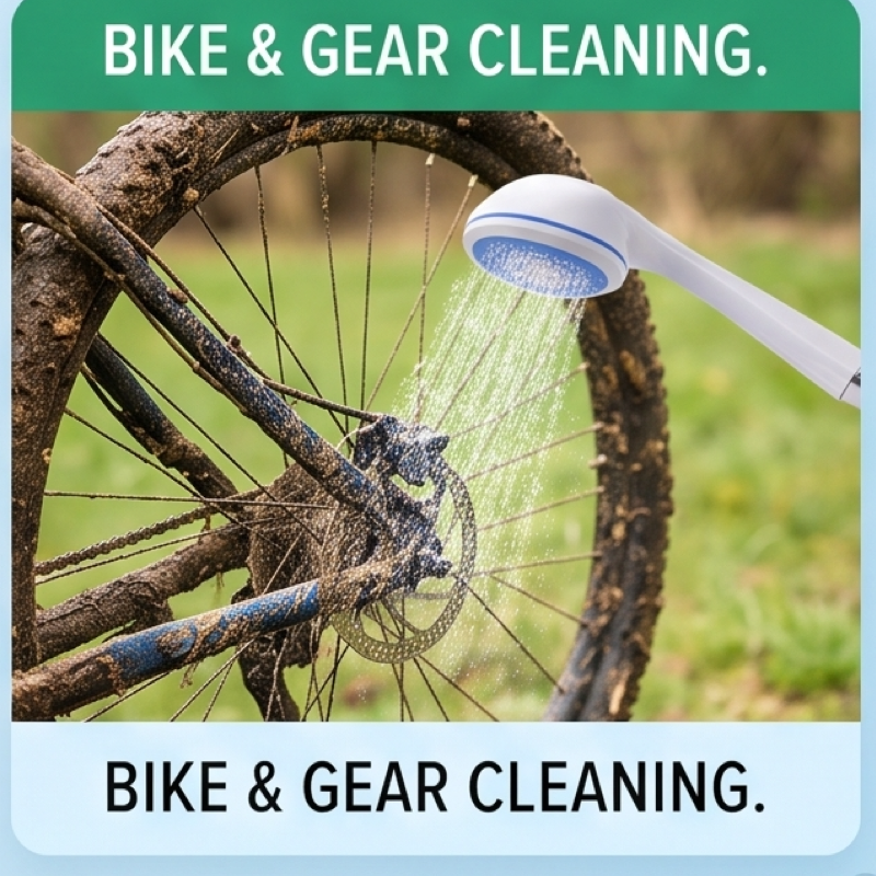 Compact And Rechargeable Shower Pump with Hose, Ideal for Outdoor Activities Like Camping, Beach Trips, Car Washing, And Pet Grooming. Features an Ergonomic Handle And a Modern Design, Built to Last 3 A close-up view of a muddy bicycle wheel being cleaned by a handheld shower head spraying a stream of water. The text "BIKE & GEAR CLEANING." is visible.