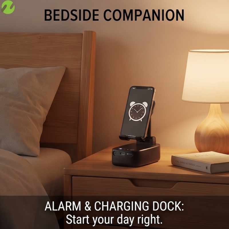 NewRixing 6W Wireless Speaker with Phone Holder, TWS Dual Pairing, 1800mAh Battery, Hands-Free Calling, Portable Power Bank, 6-Hour Playtime, Hi-Fi Sound Quality, Loud Stereo & Deep Bass, USB-C Charging, Indoor/Outdoor Use, Adjustable Stand, Durable 2 A black NewRixing Wireless Speaker with Phone Holder on a wooden nightstand next to a bed, acting as a charging dock and displaying an alarm clock on the smartphone screen. A book and lamp are nearby.