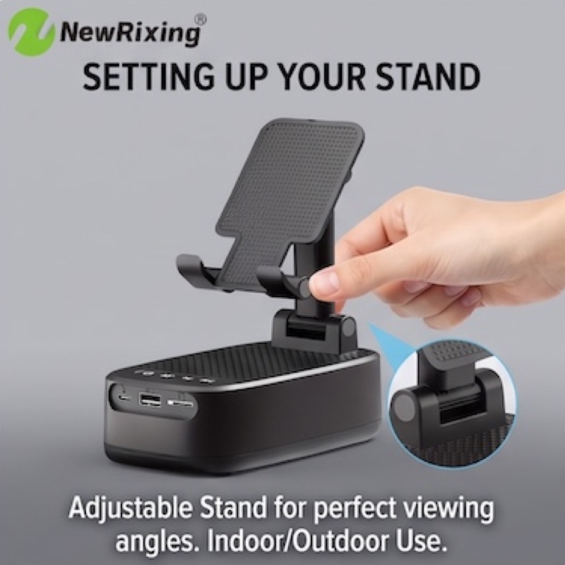 NewRixing 6W Wireless Speaker with Phone Holder, TWS Dual Pairing, 1800mAh Battery, Hands-Free Calling, Portable Power Bank, 6-Hour Playtime, Hi-Fi Sound Quality, Loud Stereo & Deep Bass, USB-C Charging, Indoor/Outdoor Use, Adjustable Stand, Durable 6 A close-up of a hand adjusting the multi-angle folding mechanism of the black NewRixing Wireless Speaker with Phone Holder. An inset shows the hinge in detail.