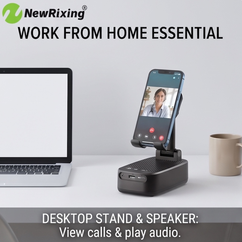 NewRixing 6W Wireless Speaker with Phone Holder, TWS Dual Pairing, 1800mAh Battery, Hands-Free Calling, Portable Power Bank, 6-Hour Playtime, Hi-Fi Sound Quality, Loud Stereo & Deep Bass, USB-C Charging, Indoor/Outdoor Use, Adjustable Stand, Durable 7 A clean home office desk with a laptop, coffee mug, and the black NewRixing Wireless Speaker with Phone Holder holding a smartphone that shows a video conference call.