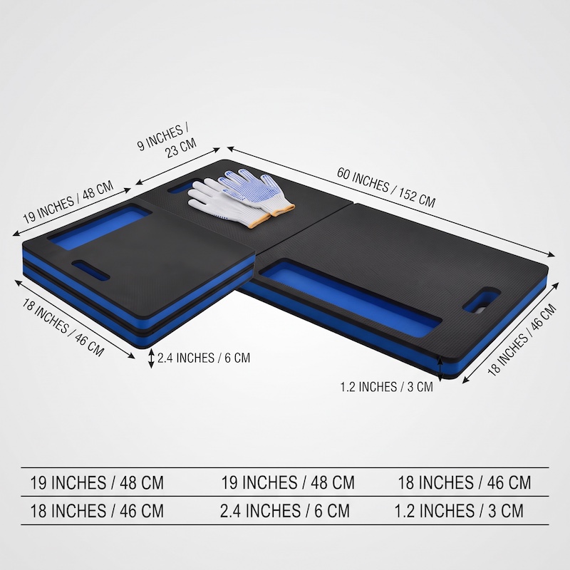 1/2pcs EVA Car Repair Work Mat - Foldable, Lightweight, Insulated, High Quality, Multi-purpose Mat, Suitable for Outdoor Repairs, Camping, Hiking - 1145mm X 400mm X 30mm, Portable Ergonomic Design, Durable EVA Material Mat, Multi-functional. 2 A technical diagram showing the precise length, width, and thickness measurements of the black and blue foldable Car Repair Work Mat in both inches and centimeters, including the folded size.