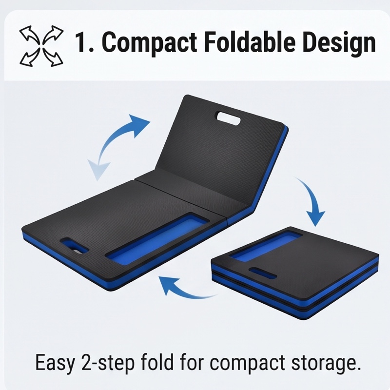 1/2pcs EVA Car Repair Work Mat - Foldable, Lightweight, Insulated, High Quality, Multi-purpose Mat, Suitable for Outdoor Repairs, Camping, Hiking - 1145mm X 400mm X 30mm, Portable Ergonomic Design, Durable EVA Material Mat, Multi-functional. 3 An illustration of the black and blue Car Repair Work Mat folding in two steps, transitioning from a long mat to a compact square block, with arrows indicating the folding direction.