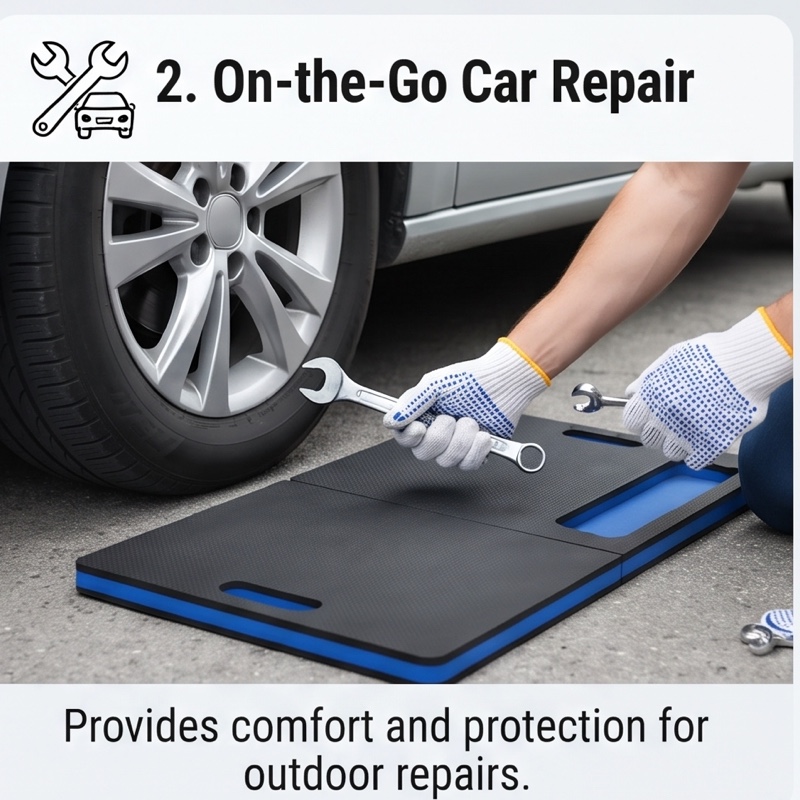 1/2pcs EVA Car Repair Work Mat - Foldable, Lightweight, Insulated, High Quality, Multi-purpose Mat, Suitable for Outdoor Repairs, Camping, Hiking - 1145mm X 400mm X 30mm, Portable Ergonomic Design, Durable EVA Material Mat, Multi-functional. 4 A person wearing dotted work gloves kneels on the unfolded black and blue Car Repair Work Mat next to a car tire, holding a wrench to perform maintenance.