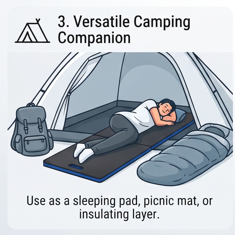 1/2pcs EVA Car Repair Work Mat - Foldable, Lightweight, Insulated, High Quality, Multi-purpose Mat, Suitable for Outdoor Repairs, Camping, Hiking - 1145mm X 400mm X 30mm, Portable Ergonomic Design, Durable EVA Material Mat, Multi-functional. 5 An illustrative scene inside a camping tent with an unfolded Car Repair Work Mat serving as a sleeping surface, complete with a pillow, sleeping bag, and backpack nearby.