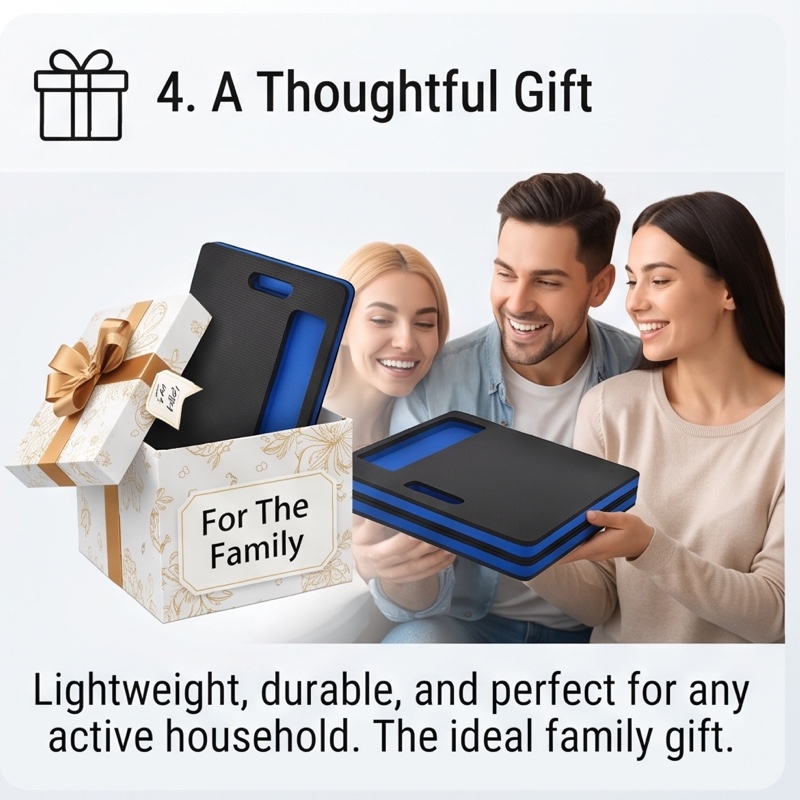 1/2pcs EVA Car Repair Work Mat - Foldable, Lightweight, Insulated, High Quality, Multi-purpose Mat, Suitable for Outdoor Repairs, Camping, Hiking - 1145mm X 400mm X 30mm, Portable Ergonomic Design, Durable EVA Material Mat, Multi-functional. 6 A family of three smiles happily as they receive a gift box containing a folded black and blue Car Repair Work Mat, with a "For The Family" tag on the box.