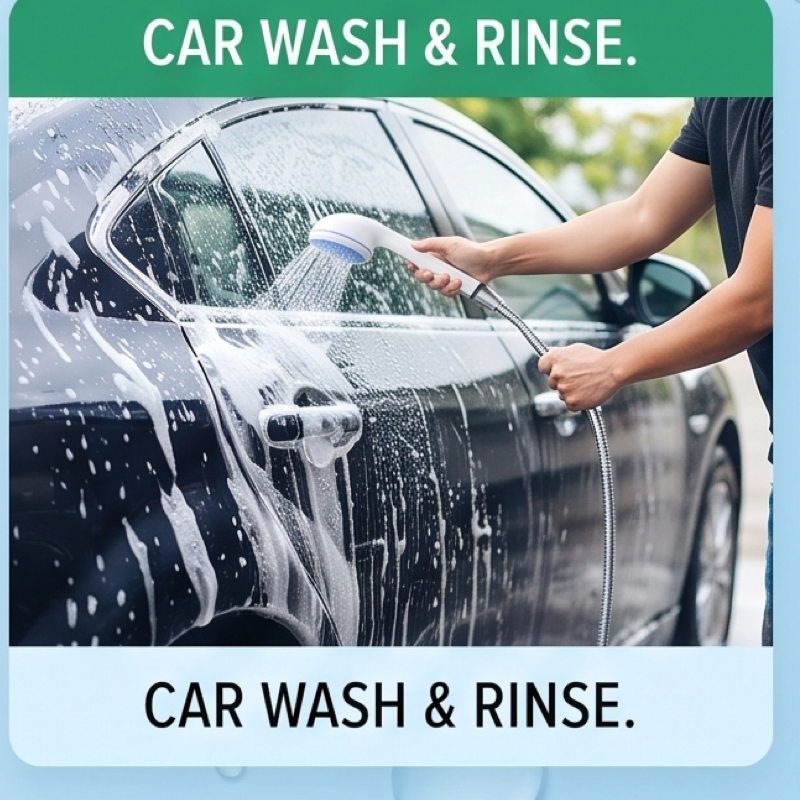 Compact And Rechargeable Shower Pump with Hose, Ideal for Outdoor Activities Like Camping, Beach Trips, Car Washing, And Pet Grooming. Features an Ergonomic Handle And a Modern Design, Built to Last 4 A person's hand holds a shower head, spraying water onto the soapy surface of a dark-colored car. The text "CAR WASH & RINSE." is visible.