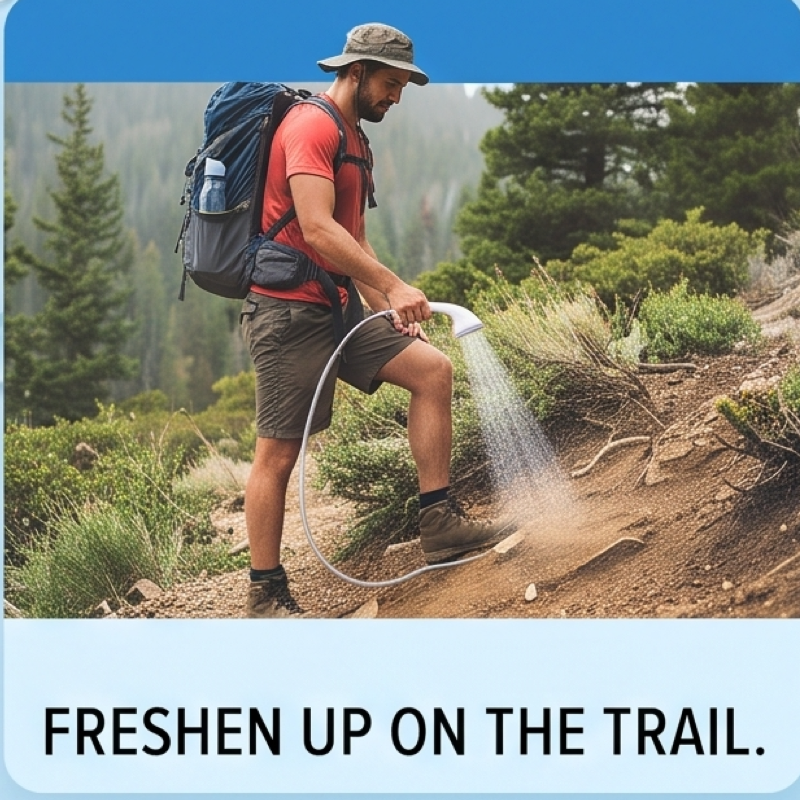 Compact And Rechargeable Shower Pump with Hose, Ideal for Outdoor Activities Like Camping, Beach Trips, Car Washing, And Pet Grooming. Features an Ergonomic Handle And a Modern Design, Built to Last 6 A male hiker wearing a large backpack and a sun hat stands on a dusty trail in a mountainous, forested area. He holds the shower head, directing a spray of water onto the ground near his hiking boots. The text "FRESHEN UP ON THE TRAIL." is visible.