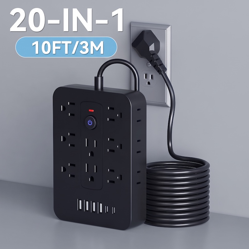 A Multifunctional Power Strip with Overload Protection, Featuring 14 AC Outlets, 4 USB Outputs, And 2 Type-C Outputs. Available in White Or Black, with Options for Short, 5FT, Or 10FT Extension Cords. It Includes Dual Side Sockets 2 A professional product photo of a black color Multifunctional Power Strip plugged into a wall outlet with a long, neatly coiled black cord resting beside it on a surface. Text overlay at the top left reads "20-IN-1" and "10FT/3M".