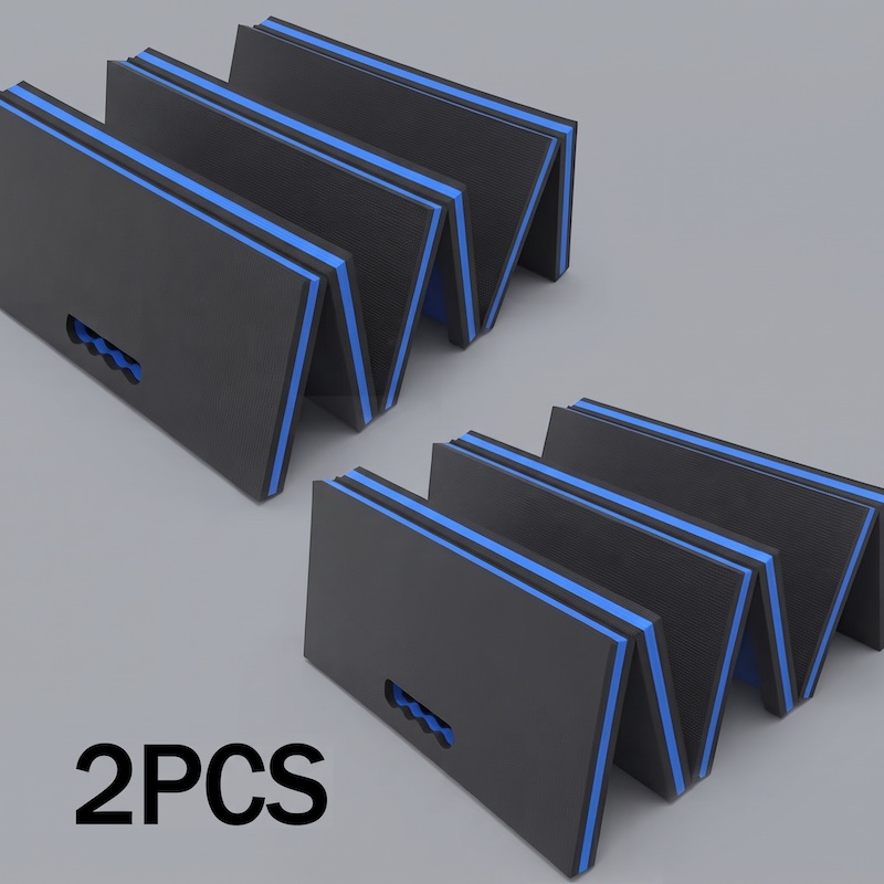 1/2pcs EVA Car Repair Work Mat - Foldable, Lightweight, Insulated, High Quality, Multi-purpose Mat, Suitable for Outdoor Repairs, Camping, Hiking - 1145mm X 400mm X 30mm, Portable Ergonomic Design, Durable EVA Material Mat, Multi-functional. 8 A hand folds the black accordion-style mat with blue trim, demonstrating the compact folding mechanism, with the folded red-trimmed mat visible in the background.
