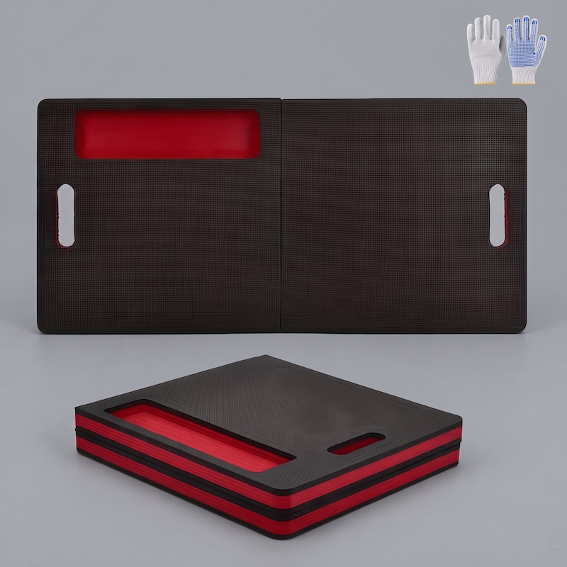 1/2pcs EVA Car Repair Work Mat - Foldable, Lightweight, Insulated, High Quality, Multi-purpose Mat, Suitable for Outdoor Repairs, Camping, Hiking - 1145mm X 400mm X 30mm, Portable Ergonomic Design, Durable EVA Material Mat, Multi-functional. 9 A large, unfolded black and red kneeling mat and a smaller, folded version of the same mat, displayed together on a gray background, with work gloves in the corner.