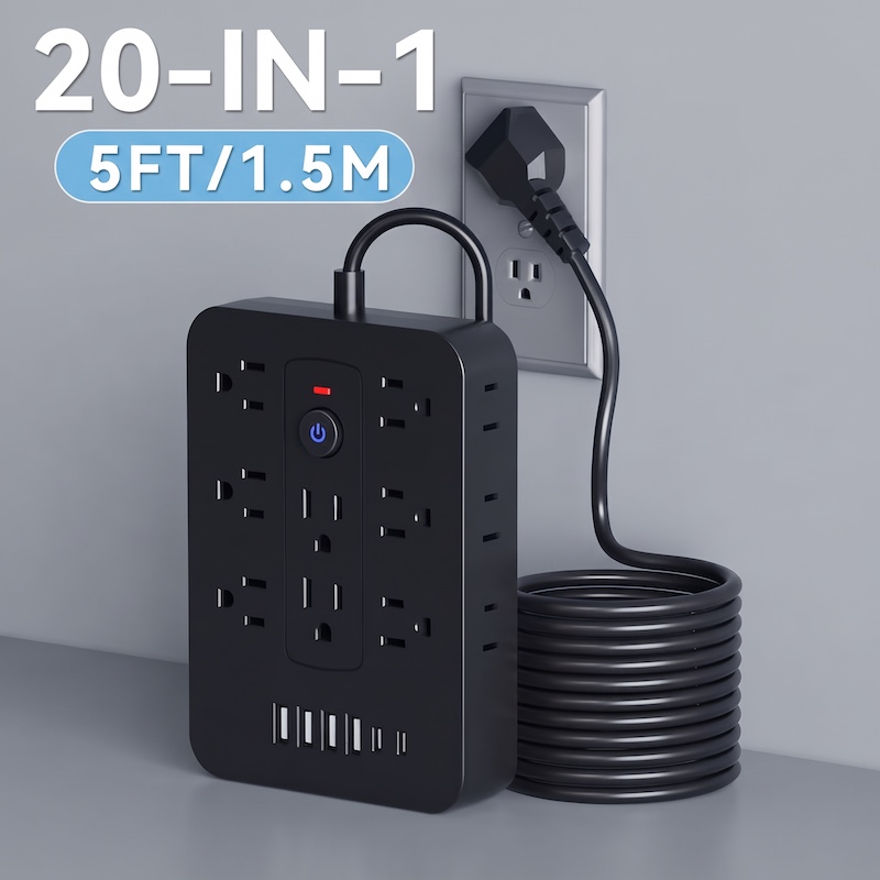 A Multifunctional Power Strip with Overload Protection, Featuring 14 AC Outlets, 4 USB Outputs, And 2 Type-C Outputs. Available in White Or Black, with Options for Short, 5FT, Or 10FT Extension Cords. It Includes Dual Side Sockets 3 A black color Multifunctional Power Strip is plugged into a gray wall outlet. A long black cord is neatly coiled on the gray surface below the strip. Text overlay at the top left indicates "20-IN-1" and "5FT/1.5M".