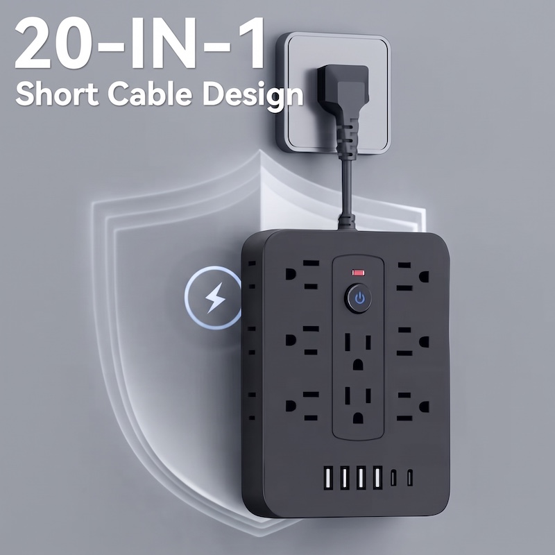 A Multifunctional Power Strip with Overload Protection, Featuring 14 AC Outlets, 4 USB Outputs, And 2 Type-C Outputs. Available in White Or Black, with Options for Short, 5FT, Or 10FT Extension Cords. It Includes Dual Side Sockets 4 A sleek, black color Multifunctional Power Strip is shown plugged into a wall outlet with a very short cable, presenting a minimalist setup. A glowing shield icon graphic is visible on the wall behind the strip. Text overlay at the top left indicates "20-IN-1" and "Short Cable Design".