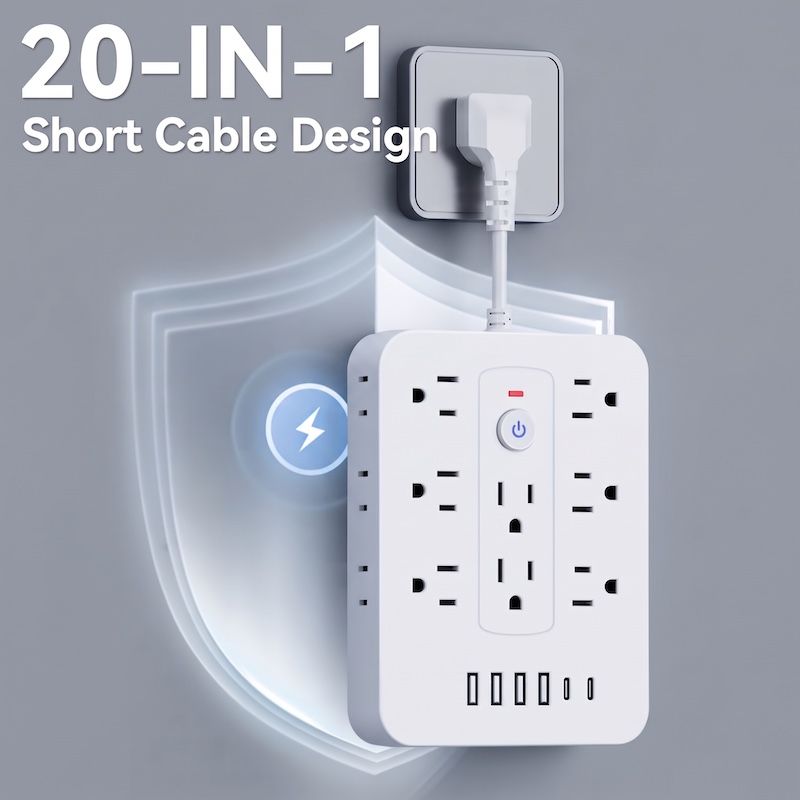 A Multifunctional Power Strip with Overload Protection, Featuring 14 AC Outlets, 4 USB Outputs, And 2 Type-C Outputs. Available in White Or Black, with Options for Short, 5FT, Or 10FT Extension Cords. It Includes Dual Side Sockets 5 A black color Multifunctional Power Strip is shown plugged into a wall outlet with a very short cable, presenting a minimalist setup. A glowing shield icon graphic is visible on the wall behind the strip. Text overlay at the top left indicates "20-IN-1" and "Short Cable Design".