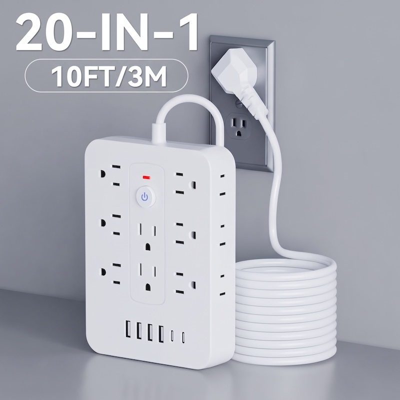 A Multifunctional Power Strip with Overload Protection, Featuring 14 AC Outlets, 4 USB Outputs, And 2 Type-C Outputs. Available in White Or Black, with Options for Short, 5FT, Or 10FT Extension Cords. It Includes Dual Side Sockets 7 A professional product photo of a black color Multifunctional Power Strip plugged into a wall outlet with a long, neatly coiled black cord resting beside it on a surface. Text overlay at the top left reads "20-IN-1" and "10FT/3M".