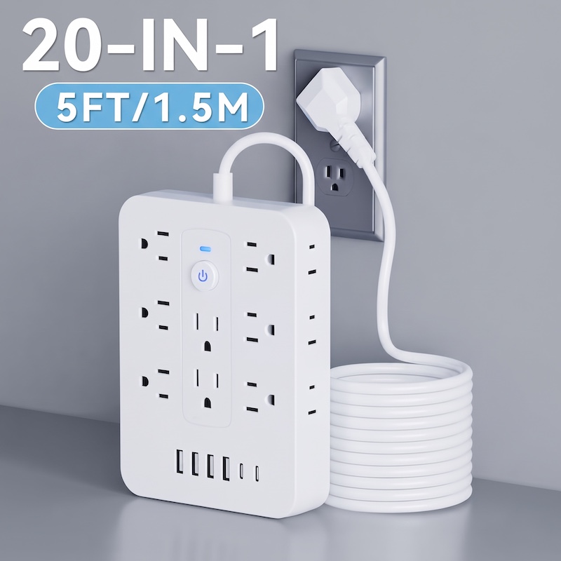A Multifunctional Power Strip with Overload Protection, Featuring 14 AC Outlets, 4 USB Outputs, And 2 Type-C Outputs. Available in White Or Black, with Options for Short, 5FT, Or 10FT Extension Cords. It Includes Dual Side Sockets 6 A black color Multifunctional Power Strip is plugged into a gray wall outlet. A long black cord is neatly coiled on the gray surface below the strip. Text overlay at the top left indicates "20-IN-1" and "5FT/1.5M".